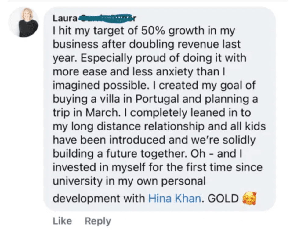 Laura's Facebook comment: 50% growth after doubling revenue the year before